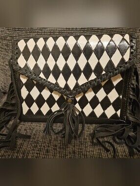 Black & White Diamond Leather Fringe Crossbody Bag